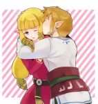  1girl belt blonde_hair blue_eyes blush couple ear_kiss earrings eyes_closed hug jewelry kiss link love nintendo pointy_ears princess_zelda skyward_sword suzuno_(kazahanasu) the_legend_of_zelda wince wink 