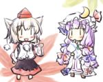  :d animal_ears ascot bow chibi crescent detached_sleeves dress hair_bow hand_to_mouth hat hat_bow inubashiri_momiji long_hair multiple_girls natsuki_(silent_selena) open_mouth patchouli_knowledge purple_hair silver_hair smile standing tokin_hat touhou wolf_ears |_| 