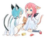  animal_ears aqua_eyes aqua_hair arms_behind_back barefoot cat_ears cat_tail child dress fish footwear hatsune_miku koma_(remi_398) megurine_luka multiple_girls pink_hair shoes simple_background sitting socks squatting stuffed_animal stuffed_toy tail tail_wagging teddy_bear twintails uwabaki vocaloid wariza white_background young 