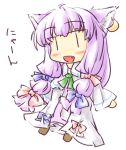  :d animal_ears ascot blush bow cat_ears chibi dress earrings fang hair_bow jewelry long_hair natsuki_(silent_selena) open_mouth patchouli_knowledge purple_hair simple_background smile solo touhou translated translation_request white_background |_| 