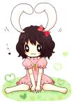  1girl 1st-mn :3 animal_ears bow brown_hair bunny_ears carrot character_name dress hair_bow heart inaba_tewi jewelry necklace sitting solo touhou translated v_arms wariza 