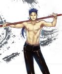  abs blue_hair fate/stay_night fate_(series) gae_bolg lancer leather_pants long_hair male muscle polearm ponytail red_eyes shirtless solo spear weapon yuri_(k_a_other) 