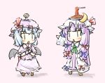  ascot bat_wings blue_hair blush bow chibi crescent dress food food_on_head fork hair_bow hat hat_bow hat_ribbon long_hair multiple_girls natsuki_(silent_selena) open_mouth pasta patchouli_knowledge plate pointing pudding purple_hair remilia_scarlet ribbon simple_background standing the_embodiment_of_scarlet_devil touhou white_background wings x_arms |_| 