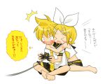 barefoot blush controller game_controller hiyo_(hiyococco) kagamine_len kagamine_rin playing_games playstation_2 short_hair shorts siblings translation_request twins vocaloid 