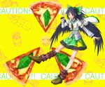  1girl adapted_costume argyle argyle_legwear black_hair black_wings bow cape fast_food food french_fries hair_bow highres hot_dog long_hair pizza radiation_symbol red_eyes reiuji_utsuho shoes skirt smile smiley_face solo touhou v wings 