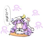  :&lt; ascot bow chibi crescent hair_bow hat hat_bow long_hair lowres lying natsuki_(silent_selena) on_stomach patchouli_knowledge pillow purple_hair solo speech_bubble touhou translation_request |_| 