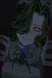  1girl black_hair black_ribbon dark dress flower grin hair_over_one_eye hands_up highres looking_at_viewer maid maid_headdress neck_flower neck_ribbon opening_door portrait purple_dress purple_flower reverse:1999 ribbon short_hair smile solo susugi_(susug1_1) tuesday_(reverse:1999) violet_eyes 