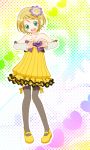  :d aqua_eyes black_legwear blonde_hair blush colorful_x_melody_(vocaloid) detached_sleeves dress earmuffs flower hair_flower hair_ornament happy heart heart_hands hiyo_(hiyococco) kagamine_rin looking_at_viewer open_mouth project_diva project_diva_2nd ribbon short_hair smile solo strapless_dress thigh-highs thighhighs vocaloid 