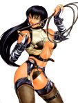  black_hair breasts bridal_gauntlets copyright_request dominatrix earrings garter_belt homare_(fool&#039;s_art) jewelry leather licking long_hair looking_at_viewer navel sideboob simple_background solo whip white_background 