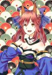  1girl animal_ears bare_shoulders bow breasts caster_(fate/extra) cleavage colivt detached_sleeves fang fate/extra fate_(series) floral_background fox_ears fox_tail hair_bow hair_ribbon japanese_clothes long_hair obi pink_hair ribbon smile solo tail twintails yellow_eyes 