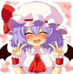  :d arms_up ascot bat_wings blush brooch bust closed_eyes cure_peace_pose double_v dress eyes_closed fangs hat hat_ribbon heart jewelry kikiriri open_mouth pink_dress purple_hair remilia_scarlet ribbon short_hair smile solo touhou v wings wrist_cuffs wrist_ribbon 