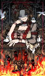  1girl bird black_background blue_eyes bow breasts brown_hair burnt_clothes chain choker curtained_hair dress dress_ribbon fire flower frilled_sleeves frills goose grey_dress grin highres indicant's_trial_(e.g.o) large_breasts limbus_company long_hair looking_at_viewer nra_3614 pink_bow project_moon red_choker red_pupils rodion_(project_moon) rose simple_background smile solo standing updo upper_body white_flower white_rose 