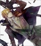  ahoge america_(hetalia) axis_powers_hetalia bad_id belt blonde_hair blue_eyes bomber_jacket bullet glasses gloves gun hair_over_one_eye jyunroku_(reinsika) male military military_uniform necktie sam_browne_belt solo uniform weapon 