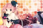  argyle bad_id black_eyes black_gloves black_legwear bracelet dress eyepatch gloves hat heart jewelry lying non_(hey_you!) note on_stomach original ousaka_nozomi pillow pink_hair polka_dot puffy_sleeves solo stuffed_animal stuffed_bunny stuffed_toy thigh-highs thighhighs twintails 