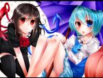  ahoge asymmetrical_wings bare_legs black_legwear blue_eyes blue_hair fang houjuu_nue karakasa_obake looking_at_viewer mahiron-atori multiple_girls red_eyes rukito short_hair sitting smile tatara_kogasa thigh-highs thighhighs touhou umbrella wings 