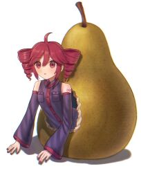  1girl :o ahoge black_shirt black_sleeves blush breast_pocket detached_sleeves drill_hair food fruit hair_between_eyes highres hole kasane_teto long_sleeves looking_at_viewer nyaaaa252 open_mouth pear pearto pocket red_eyes red_hair red_nails shadow shirt simple_background solo twin_drills twintails utau white_background 