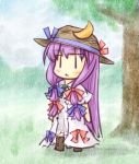  :&lt; ascot boots bow chibi crescent hair_bow hat hat_ribbon long_hair natsuki_(silent_selena) patchouli_knowledge purple_hair ribbon solo standing straw_hat touhou tree |_| 