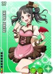  1girl bat_wings black_hair card_(medium) character_name choker double_bun earrings heart jewelry looking_at_viewer love_live!_school_idol_festival love_live!_school_idol_project mini_hat nail_art nail_polish official_art puffy_short_sleeves puffy_sleeves red_eyes saeki_reine short_hair short_sleeves smile solo twintails wings 