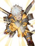  apex_legends bodysuit dragon_ball dragon_ball_z floating_hair grey_eyes grey_hair headset highres kamehameha kogane_mushi looking_at_viewer missile_pod open_mouth parody short_hair style_parody toriyama_akira_(style) v-shaped_eyebrows valkyrie_(apex_legends) wings yellow_bodysuit 