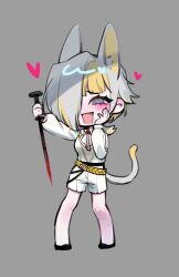  1girl :d animal_ears ascot belt blonde_hair cat_ears cat_girl cat_tail chibi fang full_body grey_background grey_eyes hair_over_one_eye heart highres holding holding_nail kromer_(project_moon) limbus_company long_sleeves looking_at_viewer multicolored_hair nail_(hardware) open_mouth project_moon shirt short_hair shorts simple_background smile solo standing streaked_hair tail wax_seal white_ascot white_hair white_shirt white_shorts yellow_belt zero_letter 