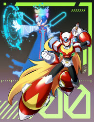  2boys android armor blonde_hair blue_armor blue_eyes blue_helmet blue_robe chest_jewel clenched_hands closed_mouth cyber_elf_x_(mega_man) dashing energy_sword forehead_jewel full_body gradient_background halo helmet highres holding holding_behind_back holding_sword holding_sword_behind_back holding_weapon holding_weapon_behind_back jewelry long_hair male_focus mechanical_wings mega_man_(series) mega_man_x_(series) mega_man_zero_(series) multicolored_halo multiple_boys no-rishio ponytail rainbow_halo red_armor red_helmet robe shoulder_armor signature smile sword very_long_hair weapon wings x_(mega_man) z_saber zero_(mega_man) 