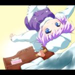  backflip barefoot bed blue_eyes breasts dutch_angle frown hat headboard letterboxed letty_whiterock long_sleeves looking_at_viewer open_hand outstretched_arm pants pillow pin purple_hair shirt short_hair solo tissue_box touhou vest waribaship 