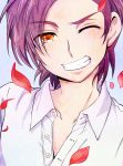  1boy bust face grin highres inazuma_eleven_(series) inazuma_eleven_go male minamisawa_atsushi orange_eyes purple_hair short_hair smile solo wink yukihira 