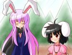  animal_ears blush bunny_ears carrot inaba_tewi jewelry long_hair multiple_girls necklace open_mouth purple_hair red_eyes reisen_udongein_inaba scarf touhou yurume_atsushi 