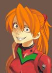  blue_eyes breasts crazy_eyes grin hair_ornament long_hair moge_(artist) neon_genesis_evangelion orange_hair plugsuit ponytail portrait simple_background smile solo soryu_asuka_langley souryuu_asuka_langley 