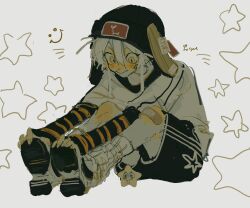  1boy absurdres bandaid bandaid_on_knee bandaid_on_leg black_hat black_shorts closed_mouth cyur full_body grey_eyes hat highres layered_sleeves long_sleeves male_focus original shirt shoes short_hair short_over_long_sleeves short_sleeves shorts sitting sketch sneakers socks solo spongebob_squarepants spongebob_squarepants_(series) star_(symbol) white_hair white_shirt white_shoes white_socks 