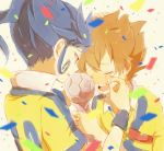  bad_id blue_hair blush brown_hair closed_eyes confetti eyes_closed hand_on_head hands_together inazuma_eleven inazuma_eleven_(series) inazuma_eleven_go male matsukaze_tenma multiple_boys open_mouth raimon red_eyes soccer_uniform tears trophy tsurugi_kyousuke wiping_mouth yy888s 