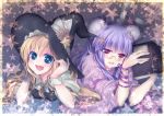  arm_support blue_eyes blush book braid crescent double_bun glasses hair_ornament hat kirisame_marisa long_hair maryquant multiple_girls open_mouth patchouli_knowledge pince-nez purple_eyes purple_hair ribbon smile star touhou violet_eyes witch witch_hat 