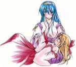  bare_shoulders blonde_hair blue_eyes blue_hair blush brueldratia colored_pencil_(medium) hairband hakama himemiya_chikane japanese_clothes kannazuki_no_miko kurusugawa_himeko lying marker_(medium) miko multiple_girls no_nose off_shoulder purple_eyes sweatdrop touching traditional_media violet_eyes yuri 