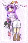  1girl bloomers book boots bow crescent dress dress_lift from_behind hair_bow hat hat_bow long_hair looking_back natsuki_(silent_selena) open_mouth patchouli_knowledge purple_eyes purple_hair simple_background solo too_many_books touhou translation_request violet_eyes white_background 