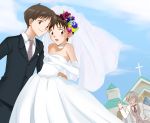  bad_id brown_hair church crossdressinging dress dual_persona flower formal grey_hair hair_flower hair_ornament ikari_shinji multiple_boys nagisa_kaworu neon_genesis_evangelion rioem33 selfcest short_hair smile trap tuxedo wedding_dress 