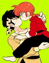  belt black_hair blue_eyes braid brown_eyes carrying chinese_clothes eye_contact genderswap green_background headband hibiki_ryouga looking_at_another nozm pigtail ranma-chan ranma_1/2 red_hair redhead saotome_ranma single_braid sweatdrop 