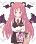  animal_ears annoyed bat_wings bear_ears blackmail blush book book_hug bookshelf breasts crossed_arms demon_wings dress_shirt garter_straps head_wings highres kemonomimi_mode koakuma large_breasts long_hair looking_at_viewer maromi_gou necktie open_mouth patchouli_knowledge photo_(object) pov red_eyes red_hair redhead shirt skirt skirt_set sleeping solo the_embodiment_of_scarlet_devil touhou very_long_hair vest white_shirt wings 
