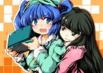  black_eyes black_hair blue_eyes blue_hair blush bust face hat houraisan_kaguya kawashiro_nitori key long_hair multiple_girls nintendo nintendo_3ds short_hair suzu_(suzuko) touhou twintails 