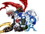  cannon claws creature dawadawa_dawasa digimon digimon_adventure_02 exveemon highres horns imperialdramon monster multiple_persona no_humans open_mouth pailadramon paildramon red_eyes sharp_teeth short_hair silver_hair spikes tail veemon wings yellow_eyes 