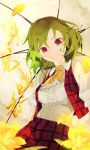  adapted_costume ascot breasts buttons dress_shirt flower green_hair kazami_yuuka looking_at_viewer petals plaid plaid_vest puffy_sleeves red_eyes shihou_(g-o-s) shirt short_hair short_sleeves smile solo text touhou umbrella vest youkai 