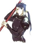  blue_hair bodysuit fate/stay_night fate_(series) gae_bolg lancer long_hair male polearm ponytail red_eyes simple_background solo spandex spear weapon white_background yuri_(k_a_other) 