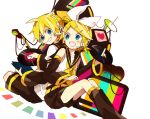  1girl 4_(nakajima4423) :d bare_shoulders blonde_hair blue_eyes brother_and_sister detached_sleeves grin hairband headphones headset heart kagamine_len kagamine_rin nakajima nakajima4423 open_mouth record shorts siblings sitting smile twins vocaloid 