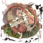  :o animal_ears barefoot detached_sleeves hat inubashiri_momiji off_shoulder oriental_umbrella origami red_eyes scroll shisu_(binzo3) short_hair skirt solo tail tokin_hat touhou umbrella white_hair wolf_ears wolf_tail 