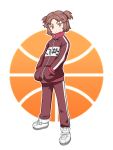  basketball black_rock_shooter brown_eyes brown_hair grin kohata_arata looking_at_viewer oniyan shoes short_hair short_twintails smile track_jacket track_suit translated twintails 