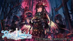  3girls alternate_hair_color artist_name bare_tree belt black_belt black_capelet black_dress black_hair black_hood black_robe blonde_hair broken_skull butterfly_belt_buckle butterfly_hair_ornament capelet closed_eyes colored_inner_hair colored_tips commentary_request copyright_name copyright_notice cowboy_shot cross dress elegia_(page_of_lambda) full_moon gold_headdress gold_necklace hair_ornament hand_up holding holding_skull hood hood_up jewelry latin_cross long_hair long_sidelocks long_sleeves looking_at_viewer maeka_(kumaekake) moon multicolored_hair multiple_girls necklace nijisanji official_art page_of_lambda parted_lips pile_of_skulls planted planted_sword red_eyes red_hair red_moon ring robe second-party_source sidelocks skull solo_focus sword title tree very_long_hair weapon 