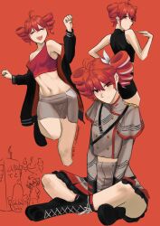  1girl absurdres ahoge alternate_costume ankle_socks armpit_crease bare_shoulders belt black_belt black_dress black_jacket black_sleeve_cuffs boots buttons closed_eyes crop_top double-breasted dress drill_hair dual_persona from_behind grey_skirt hair_between_eyes hand_up head_tilt highres indian_style jacket jacket_partially_removed kasane_teto kasane_teto_(sv) lace-up_boots layered_skirt leg_up light_blush long_sleeves looking_at_viewer looking_back midriff midriff_peek miniskirt multiple_views musical_staff musical_staff_print navel open_mouth pearto red_background red_eyes red_hair red_shirt red_skirt red_socks red_trim shirt shoelaces shoulder_belt shoulder_boards single-shoulder_shirt sitting skirt skirt_set smile socks standing standing_on_one_leg stoveface synthesizer_v twin_drills upper_body utau 