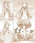  1girl :d ano_hi_mita_hana_no_namae_wo_bokutachi_wa_mada_shiranai barefoot closed_eyes dress eichikei_(hakuto) eyes_closed giantess heart honma_meiko monochrome musical_note open_mouth sleeveless sleeveless_dress smile yadomi_jinta 