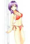  breasts brown_eyes cleavage long_hair matsui_yasutsugu navel original purple_hair side-tie_bikini sideboob smile swimsuit traditional_media wink 