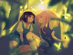  1girl 1other ^_^ akiyama_mizuki animal_ears black_hair blue_dress blurry blurry_foreground cat_ears cat_tail closed_eyes closed_mouth collared_shirt commentary dappled_sunlight dress floppy_ears frilled_dress frilled_sleeves frills green_light green_shirt green_socks grey_dress highres knee_up kneehighs kyline leaf lens_flare light_blush long_sleeves looking_at_another outdoors pink_hair pocket project_sekai puffy_short_sleeves puffy_sleeves shinonome_ena shirt short_dress short_hair short_sleeves sitting sleeveless sleeveless_dress smile socks sunlight tail tree under_covers yellow_eyes yokozuwari 