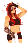  1girl abs bike_shorts breasts closed_eyes eyepatch fingerless_gloves gauntlets gloves lips long_hair midriff mismatched_gloves navel redhead ruby_rose rwby solo sparkle sports_bra sweat towel xuunies 